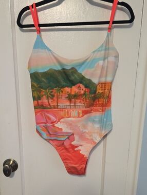 Cotton On Body Coral and Aqua Tropical Beach Print Swim Footie